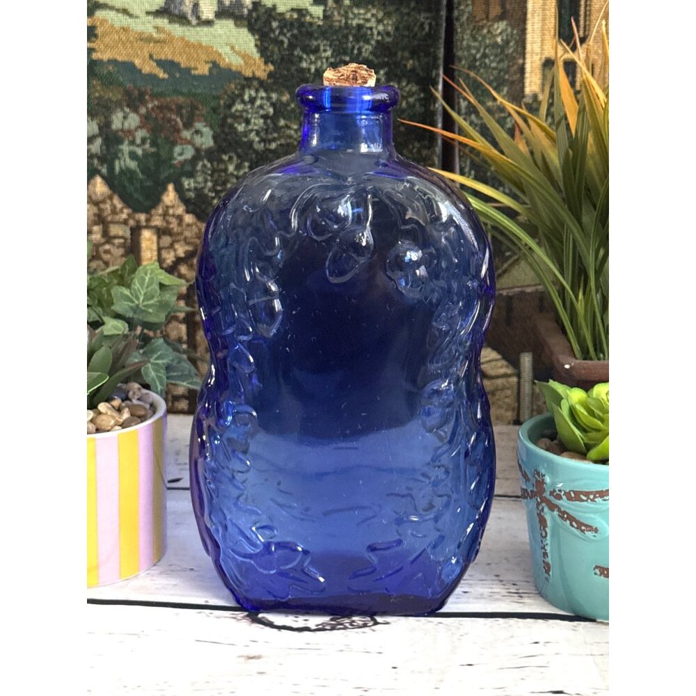 Libbey Cobalt Blue Embossed Acorns Leaves Glass Bottle